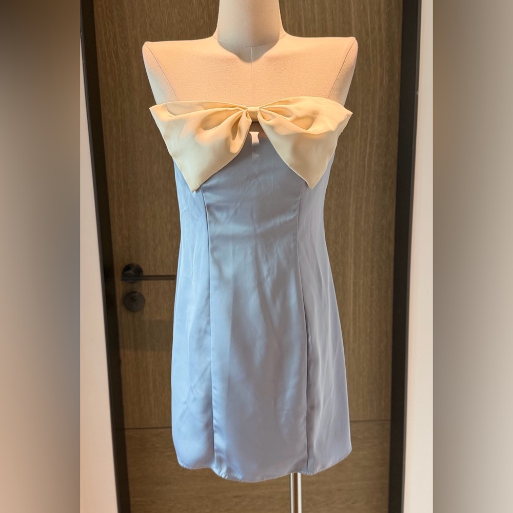 Princess Polly Strapless Satin Dress in Pale Blue with Cream Bow NWOT
